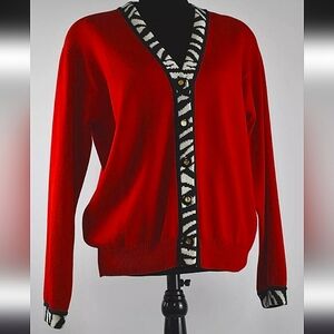 St. John Red Knit Cardigan Jacket Logo Buttons Zebra Trim V Neck
